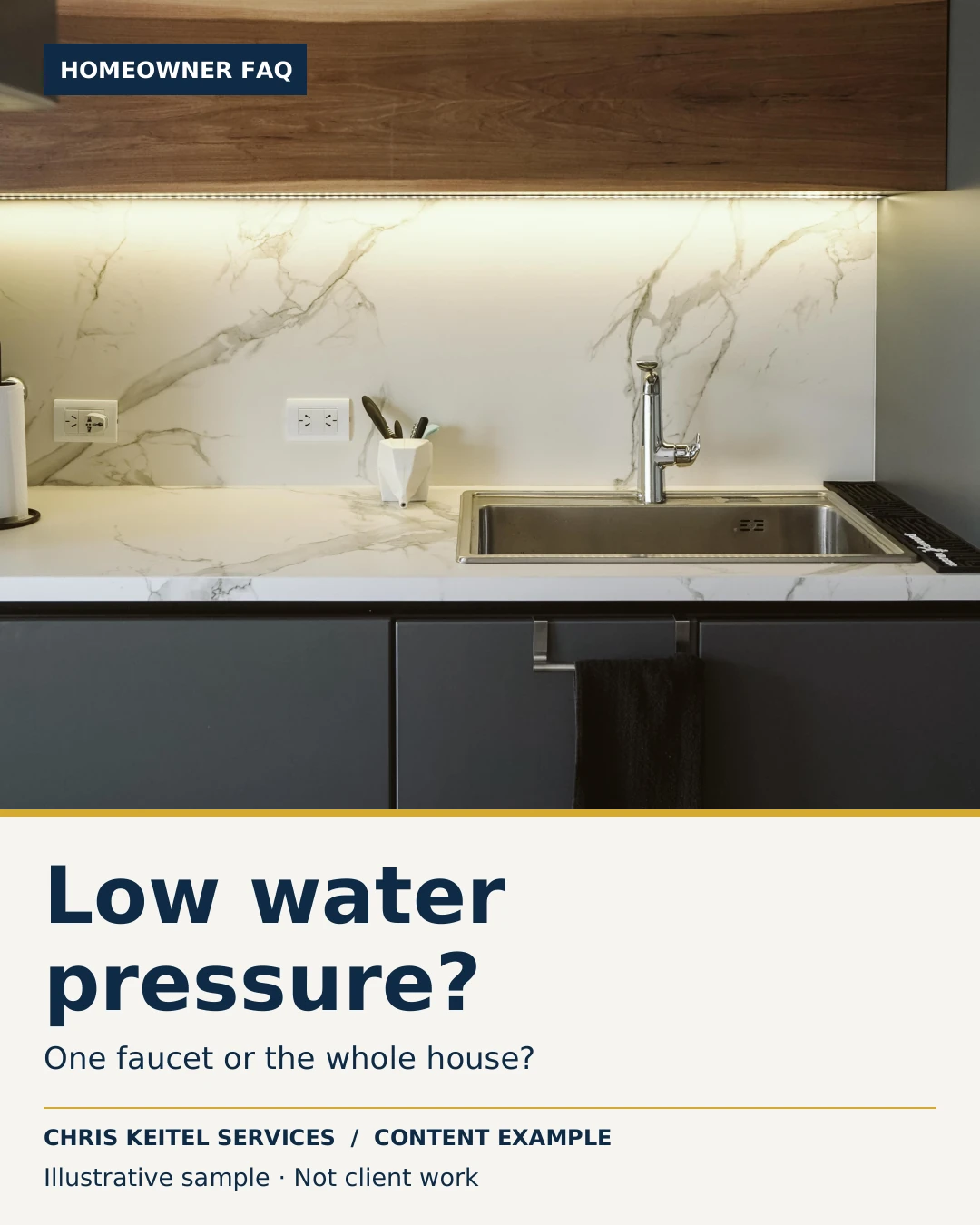 Illustrative plumbing FAQ design with a real photograph of a kitchen sink and faucet.