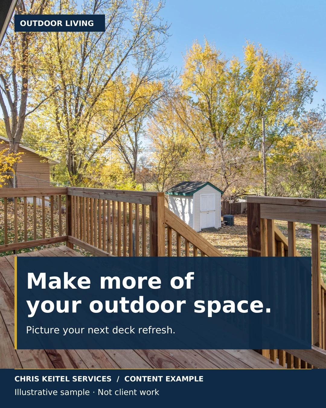 Illustrative outdoor-living design featuring a real wooden deck in an autumn backyard.