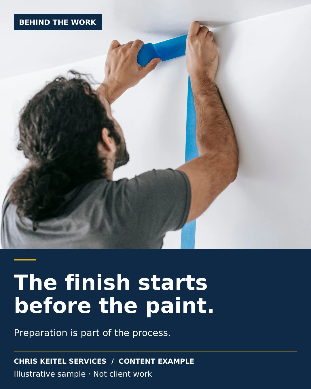 Illustrative painting-process design featuring real masking work at a wall and ceiling corner.