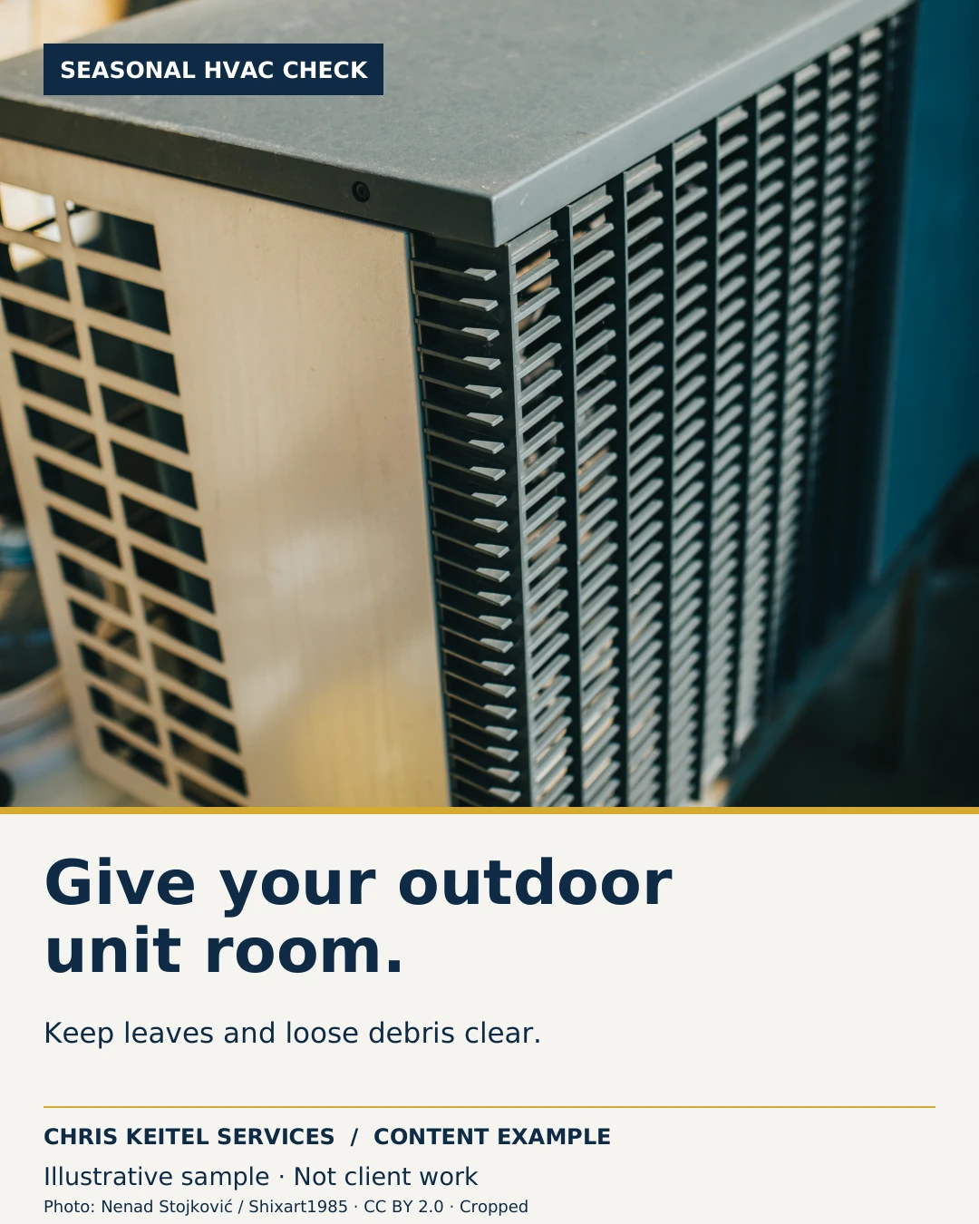 Illustrative HVAC reminder design featuring a real outdoor unit.